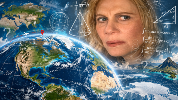 A woman with a thoughtful expression is superimposed over a composite image featuring the Earth, a flight path, geometric formulas, and mathematical equations.