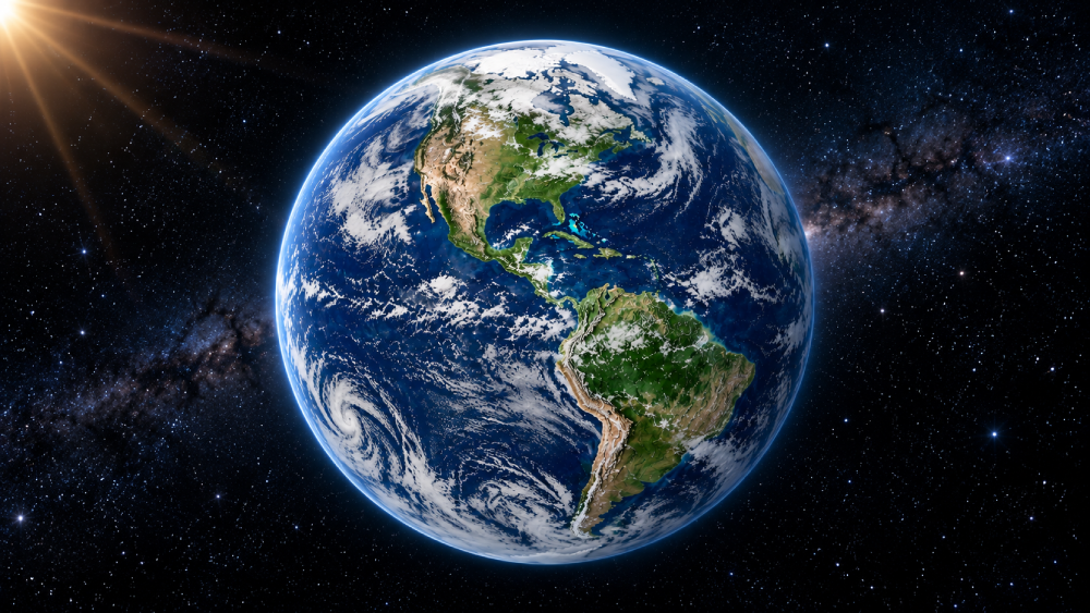 Earth seen from space with North and South America visible, surrounded by deep blue oceans, white clouds, and a backdrop of stars. The sun glows in the top left corner, casting light on the planet.