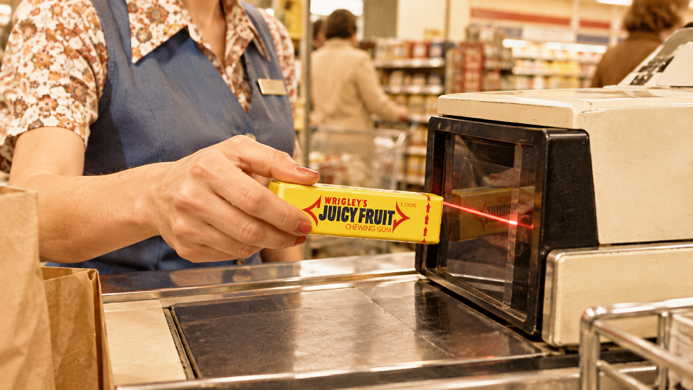 A cashier scans a pack of Wrigley’s Juicy Fruit gum at a grocery store checkout, using a barcode scanner with a red laser. Shelves and a shopping cart are visible in the background.