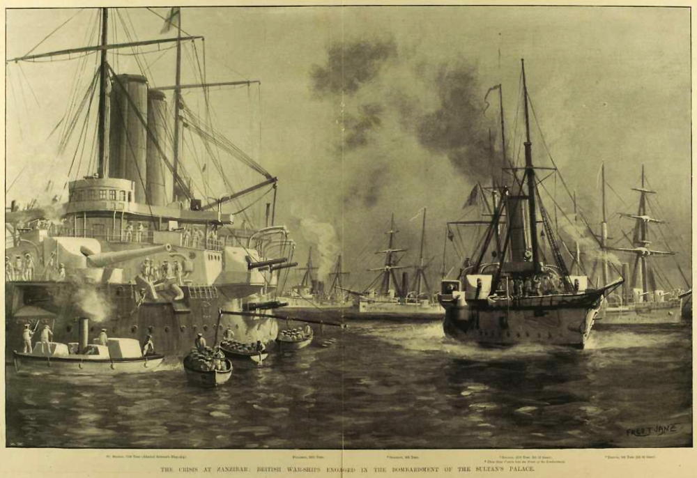 A historic naval battle scene shows warships firing cannons, with smoke rising and smaller boats in the water. Sailors are visible aboard vessels amidst chaos in a busy harbor, likely from the late 19th or early 20th century.