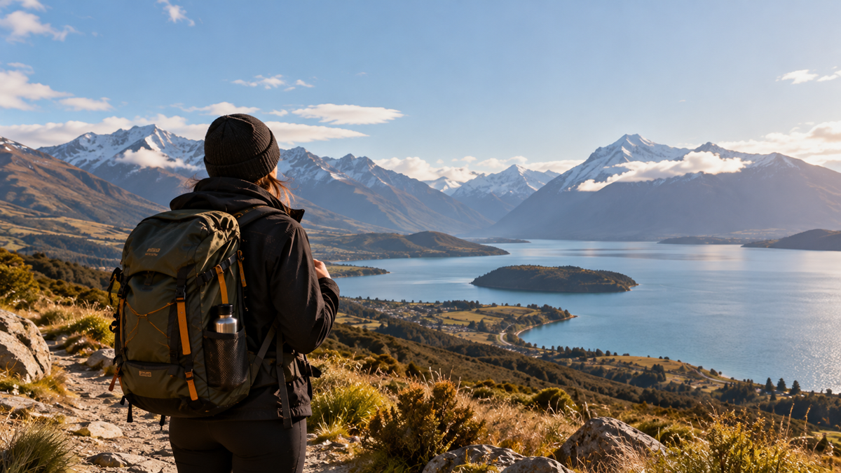 A hiker with a large backpack stands on a mountain trail, looking out over a vast blue lake surrounded by snow-capped mountains.
