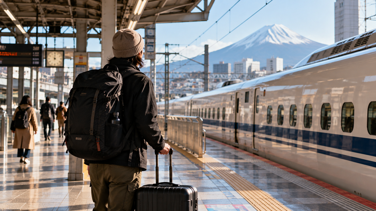 A traveler with a backpack and rolling suitcase stands on a train platform, looking toward Mount Fuji in the distance.