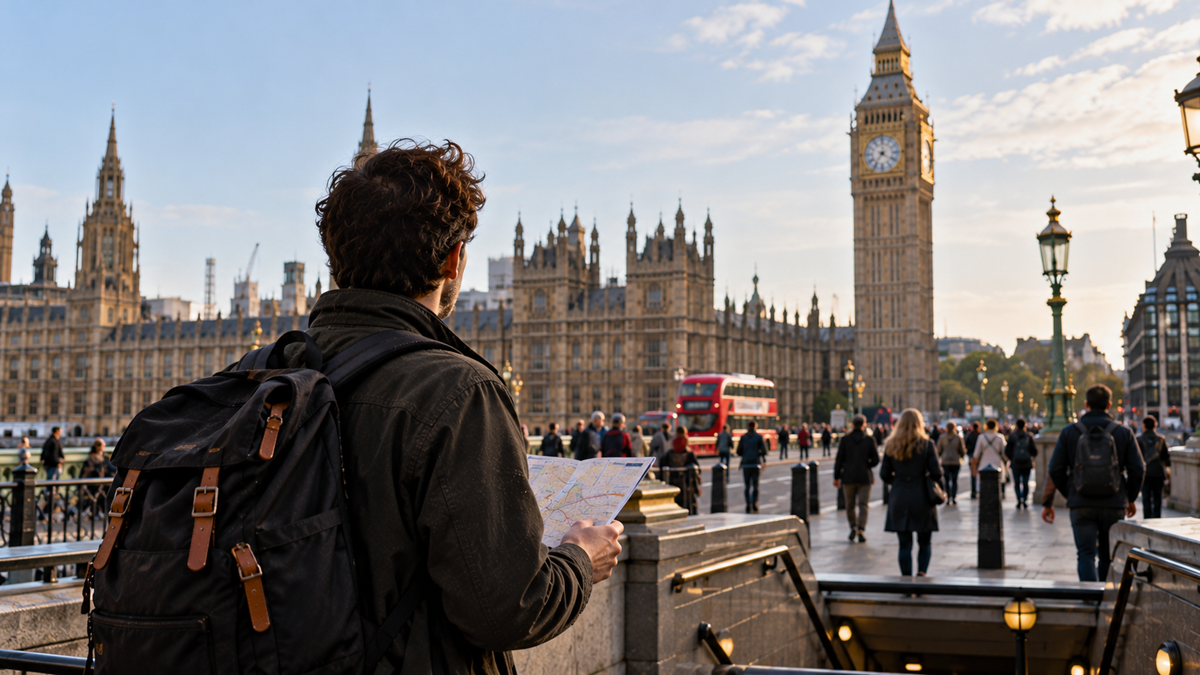 A traveler with a backpack looks at a map in London, with Big Ben and the Houses of Parliament in the background.