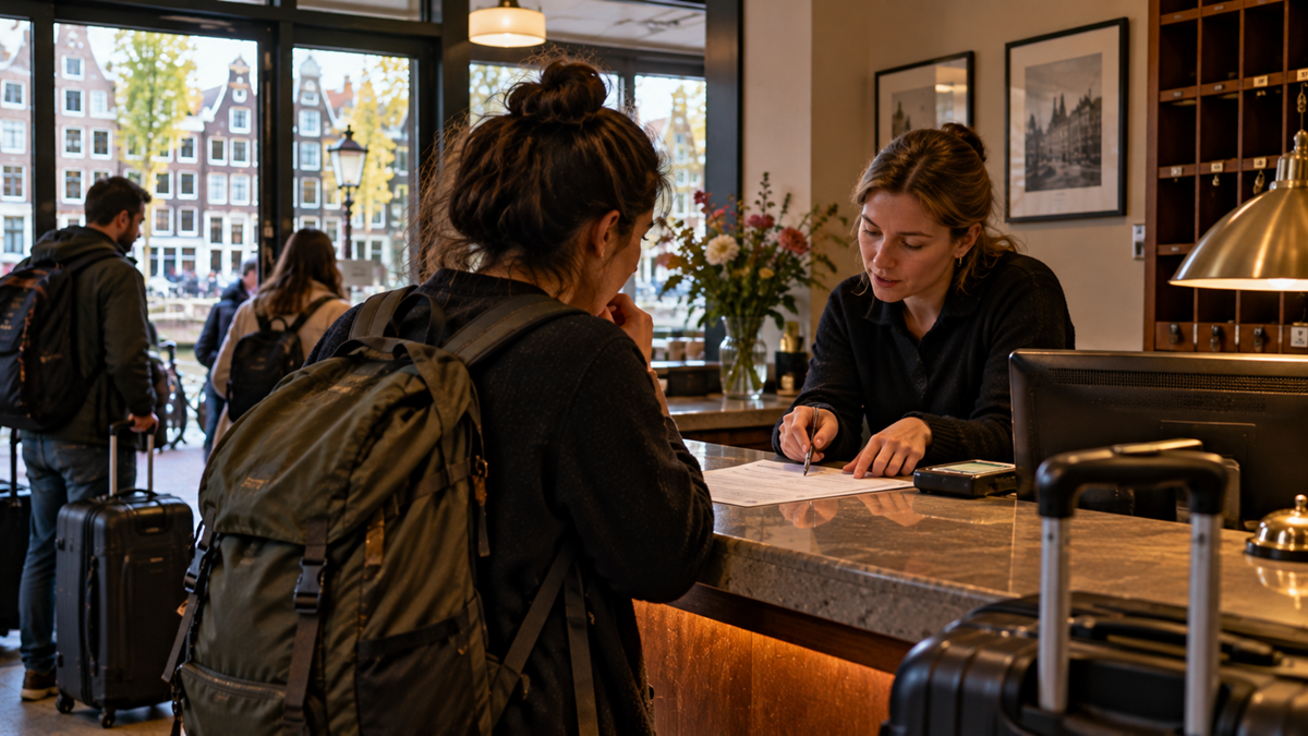 A woman with a backpack at a hotel reception desk signs a document presented by the clerk.