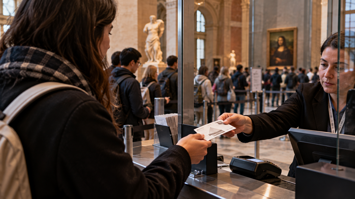A visitor hands a ticket to a staff member at a museum information desk, with crowds and art visible in the background.