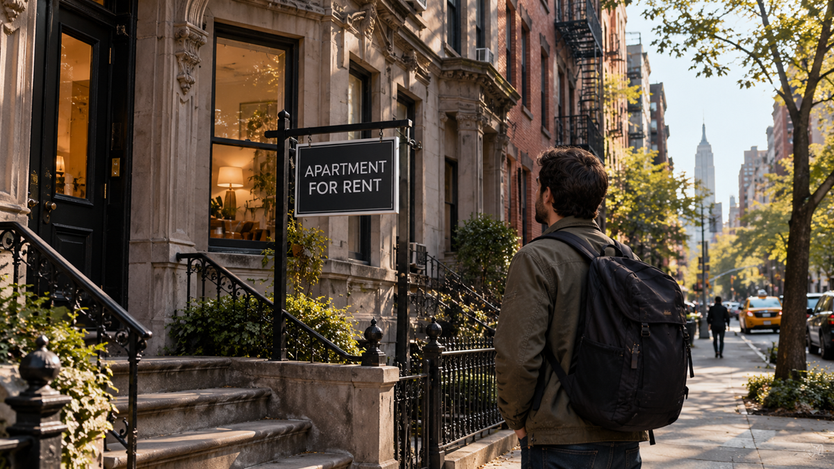 A man with a backpack stands on a sidewalk looking at an apartment building with an “Apartment for Rent” sign.