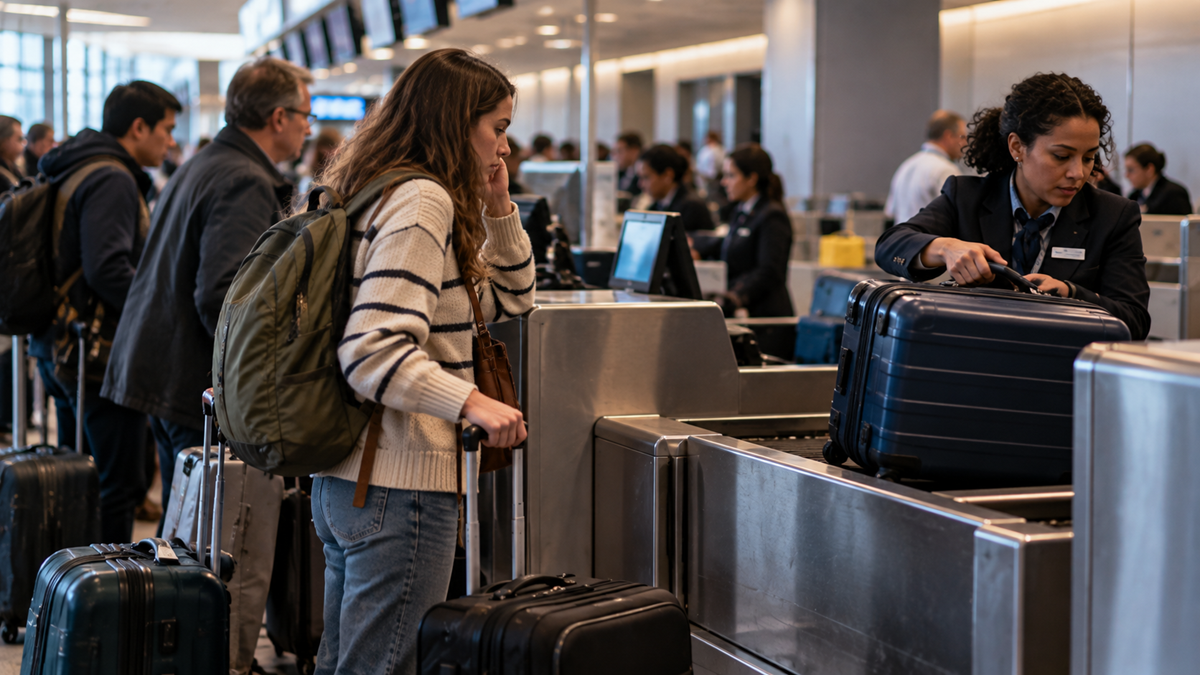 An airline agent helps a traveler place a suitcase onto a luggage scale at an airport check-in counter.