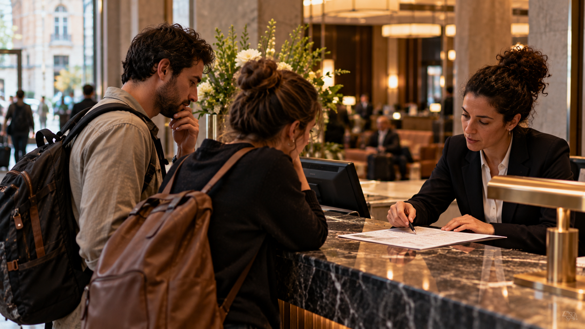 A man and woman with backpacks stand at a hotel front desk as a receptionist points to a document for them to review.