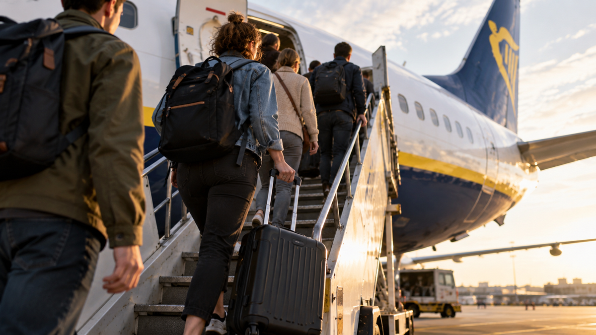 Passengers with backpacks and carry-on luggage walking up the mobile stairs to board a Ryanair airplane.