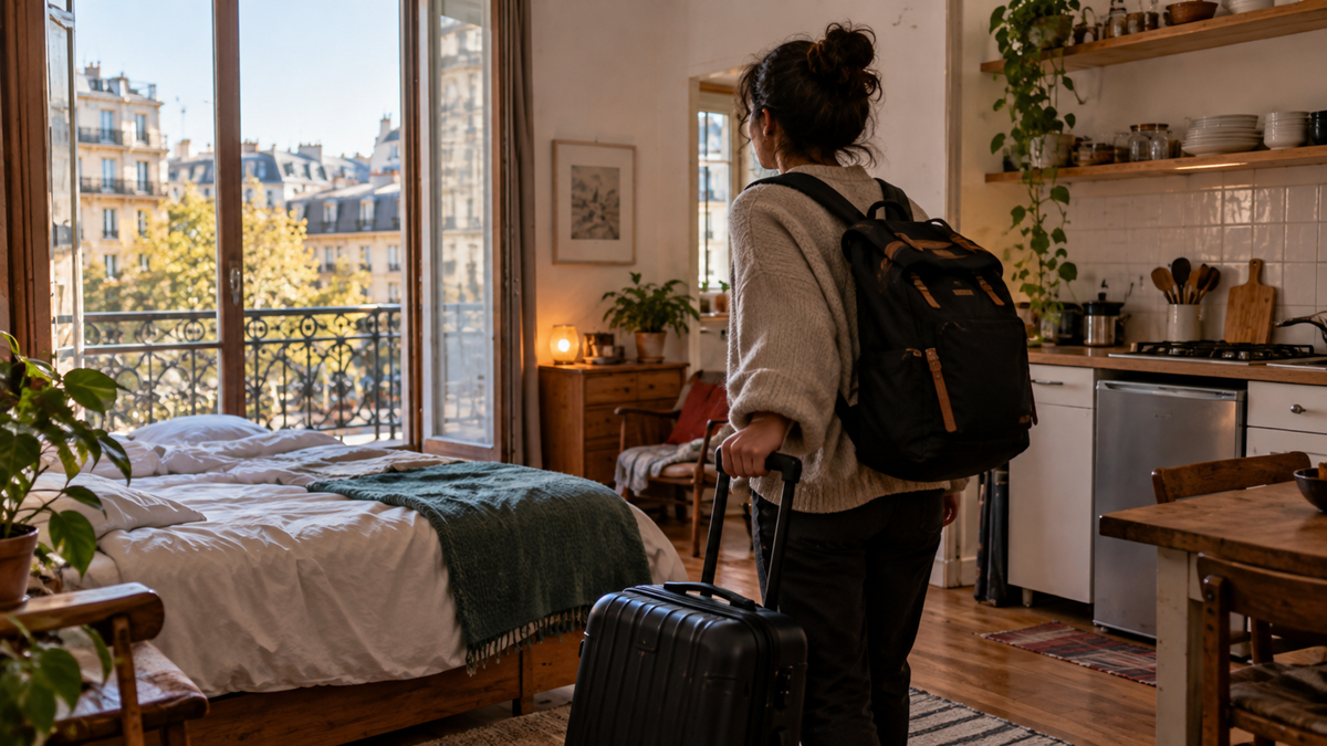A person with a backpack pulls a rolling suitcase through a sunlit apartment toward a balcony door.