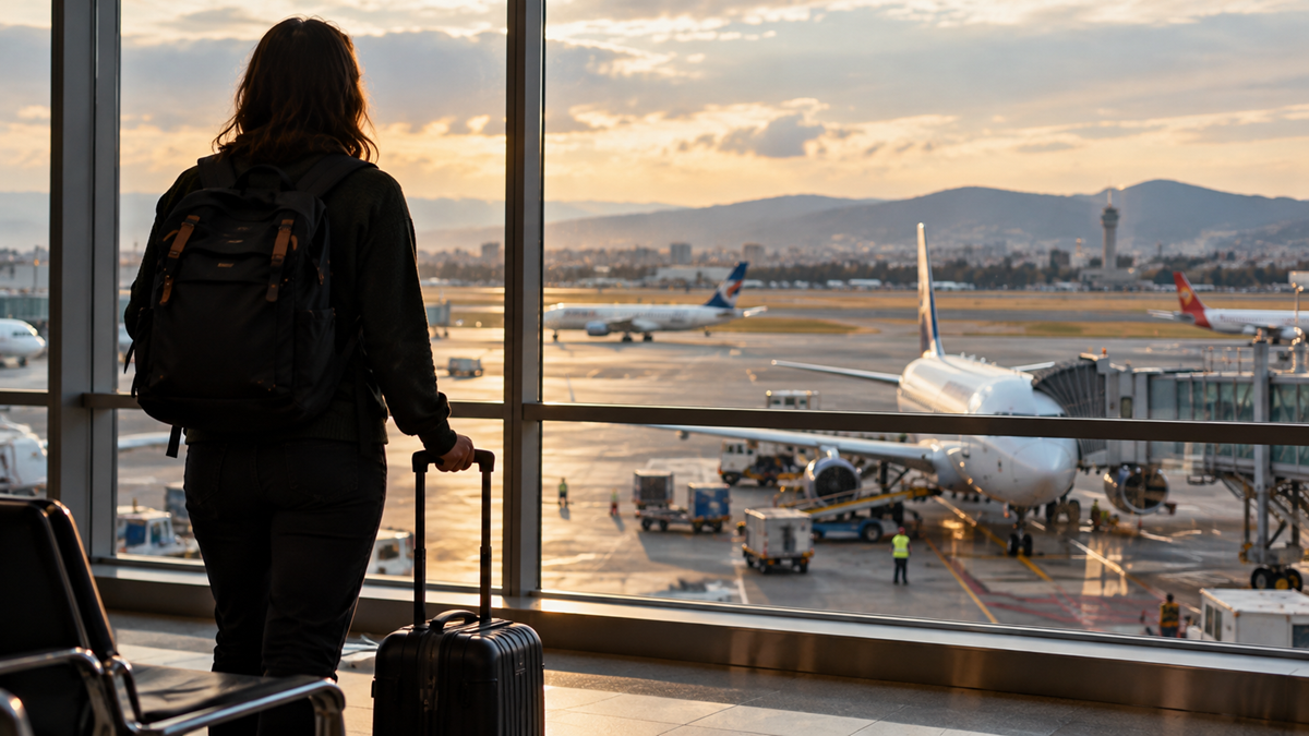 A traveler with a backpack and a rolling suitcase stands at an airport window, looking out at planes parked on the tarmac during sunset.