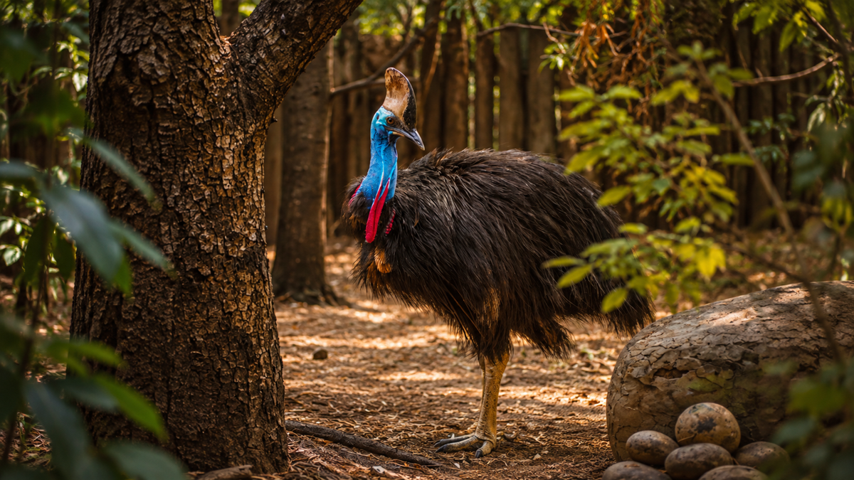 A large, flightless cassowary stands in a sunlit forest. It has coarse black feathers, a bright blue neck with red wattles, and a prominent brown casque on its head. It stands near a tree and a pile of large, dark eggs on the forest floor.