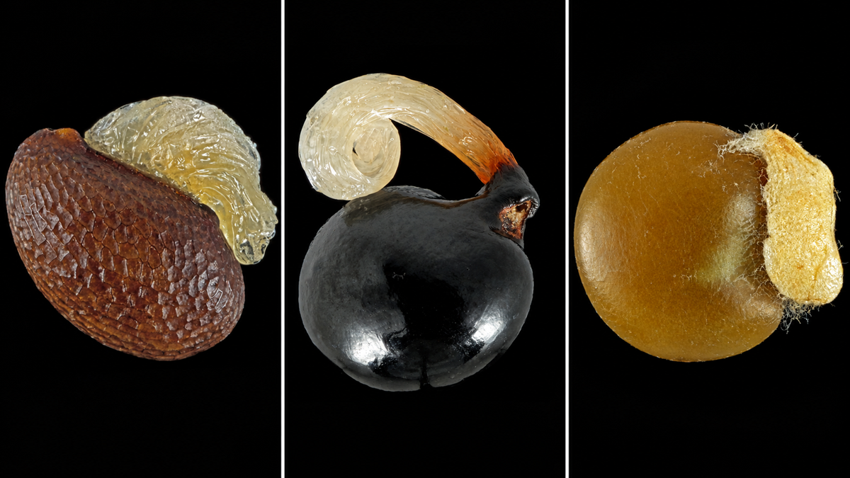 Close-up of three seeds sprouting roots, each with a unique texture and color, displayed side by side against a black background.