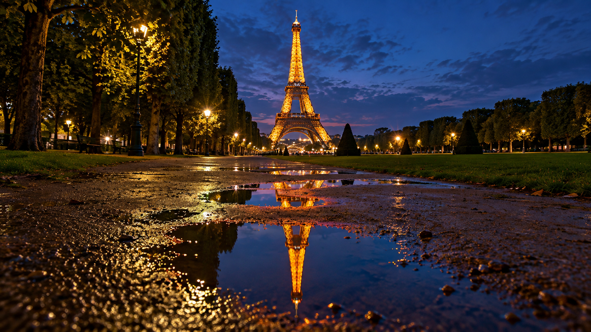 The Eiffel Tower illuminated at night, reflected in puddles on a path lined with trees and streetlights.