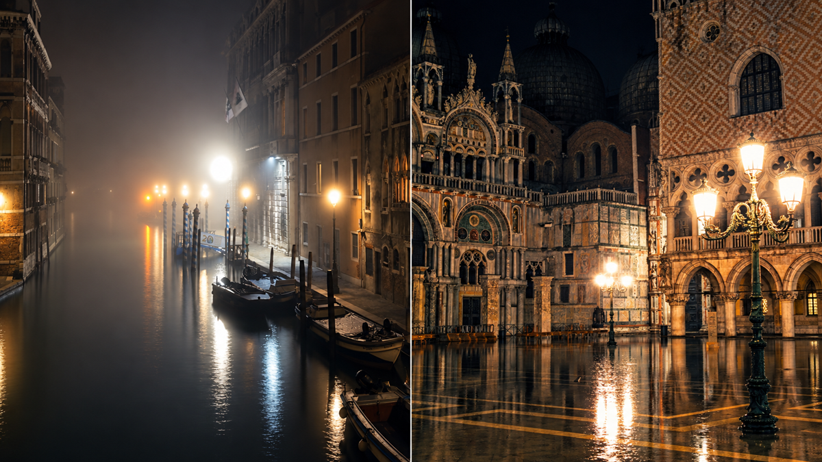 Split image showing a misty Venetian canal with moored boats at night and the illuminated facade of St. Mark’s Basilica in a flooded St. Mark’s Square.