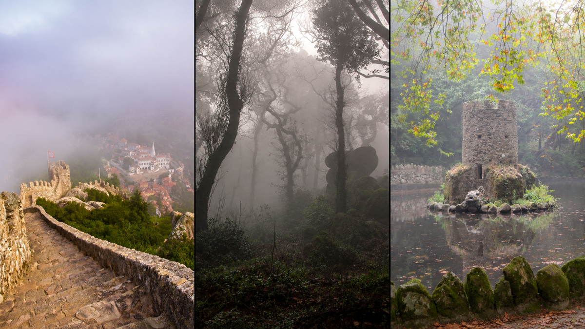 A three-part image showing a stone fortress wall overlooking a town in the fog, a dense misty forest, and a stone tower rising from a lake.