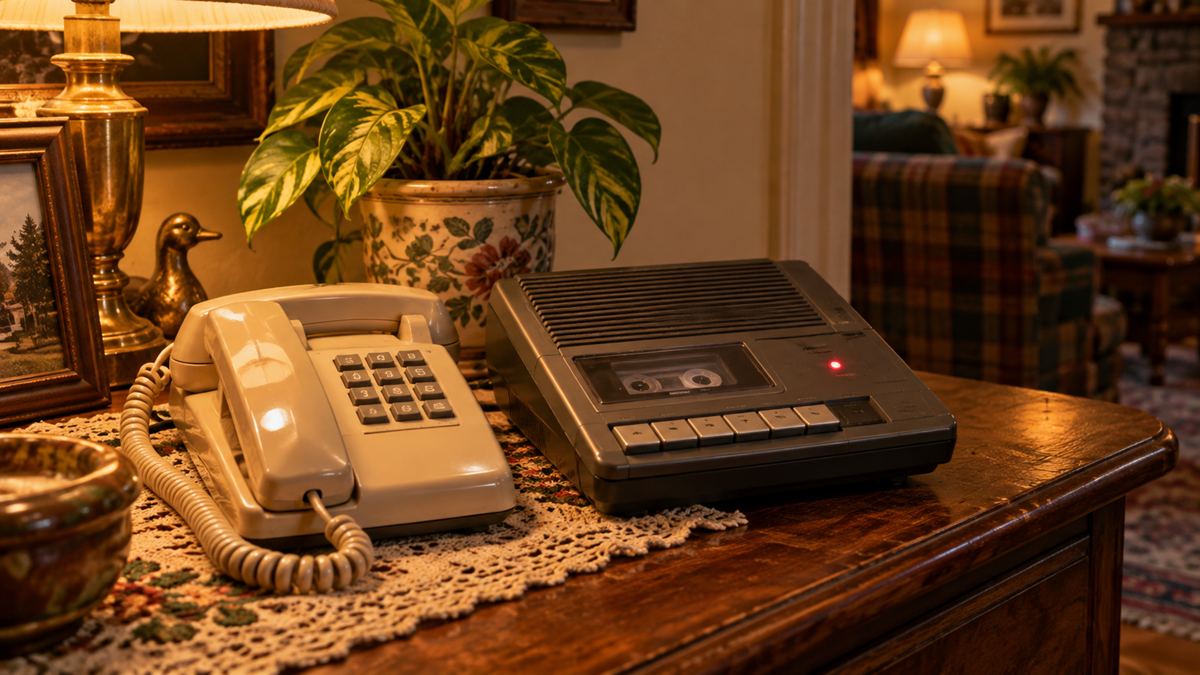 A beige landline telephone sits next to a vintage grey cassette tape answering machine on a wooden table.