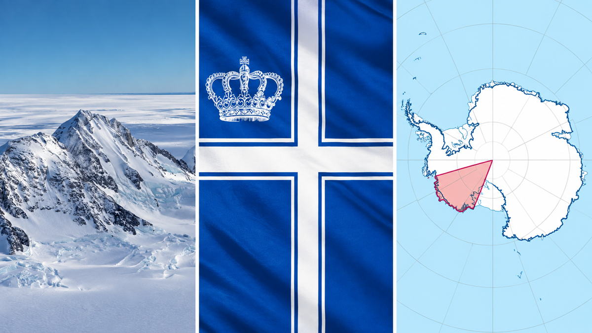 Three-panel image: snowy Antarctic mountains, a blue flag with a white cross and crown, and a map showing a pink highlighted sector of Antarctica.