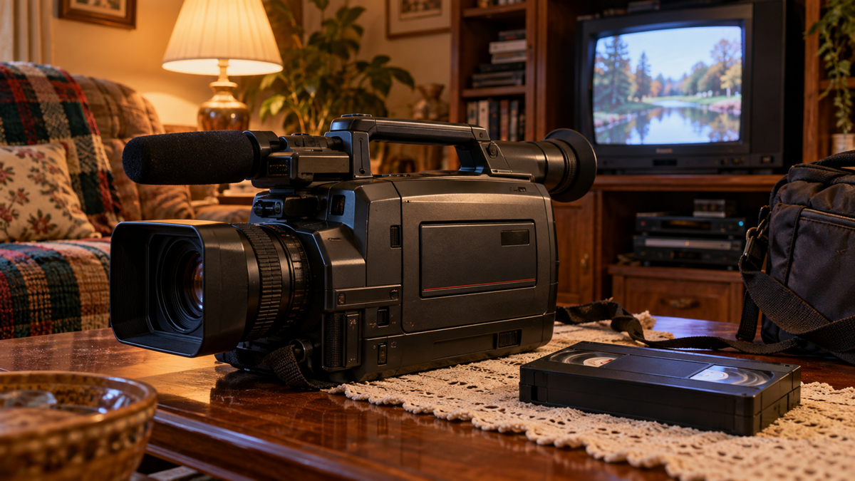 A vintage professional video camera and a VHS tape rest on a wooden coffee table in a living room with a television in the background.