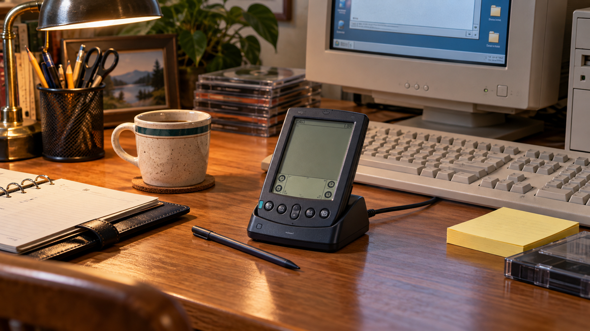 A vintage handheld PDA in a charging dock sits on a wooden desk next to a retro computer, a coffee mug, and a notebook.