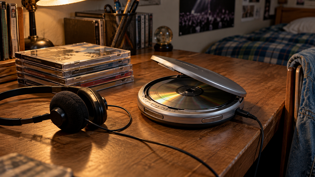 Gadgets. A portable CD player with an open lid rests on a wooden desk next to a stack of jewel cases and black wired headphones.