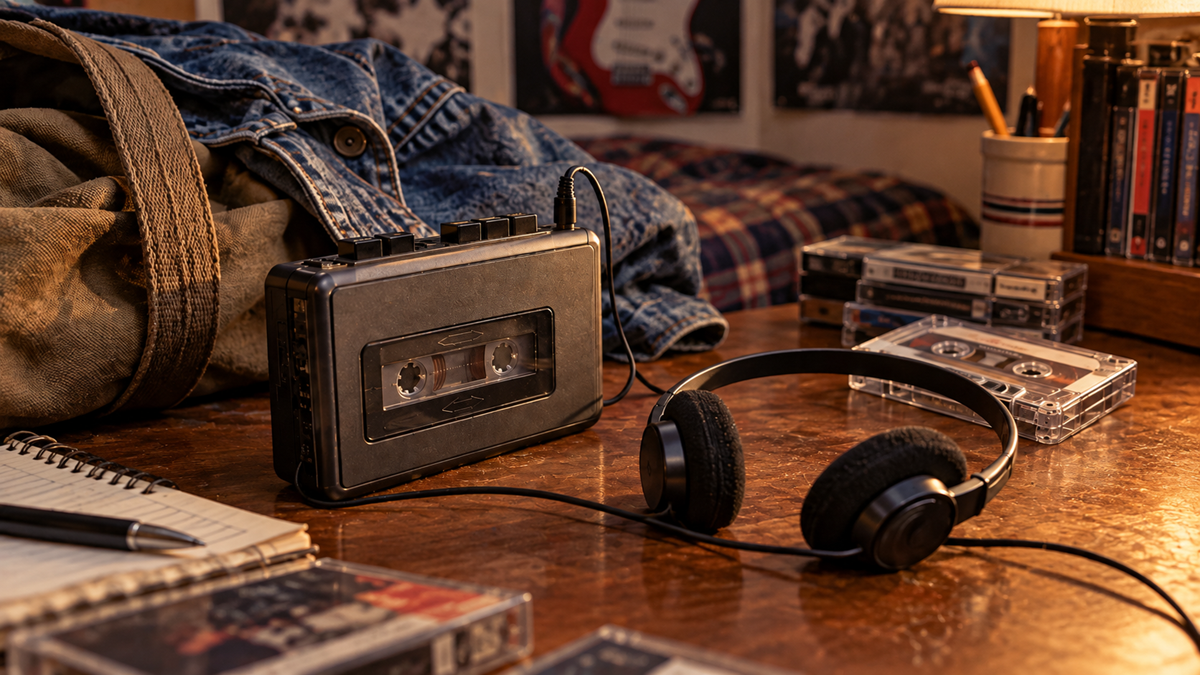 A portable cassette player with headphones, sitting on a wooden desk next to a denim jacket, a notebook, and several cassette tapes.