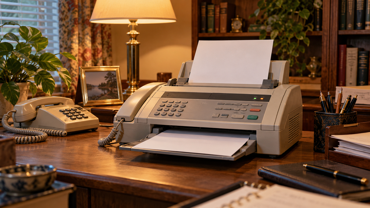 A vintage office desk featuring a fax machine with paper loaded, an old-fashioned telephone, and a table lamp.