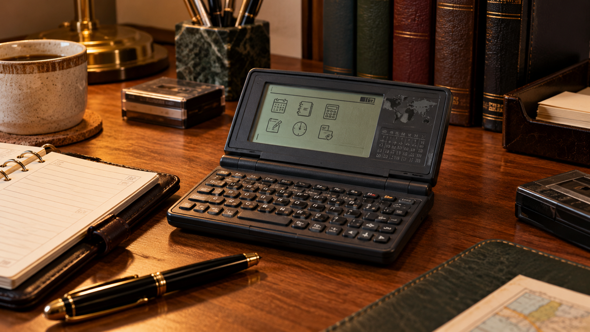 A vintage electronic pocket organizer with an LCD screen sitting on a wooden desk alongside a fountain pen and a leather-bound notebook.