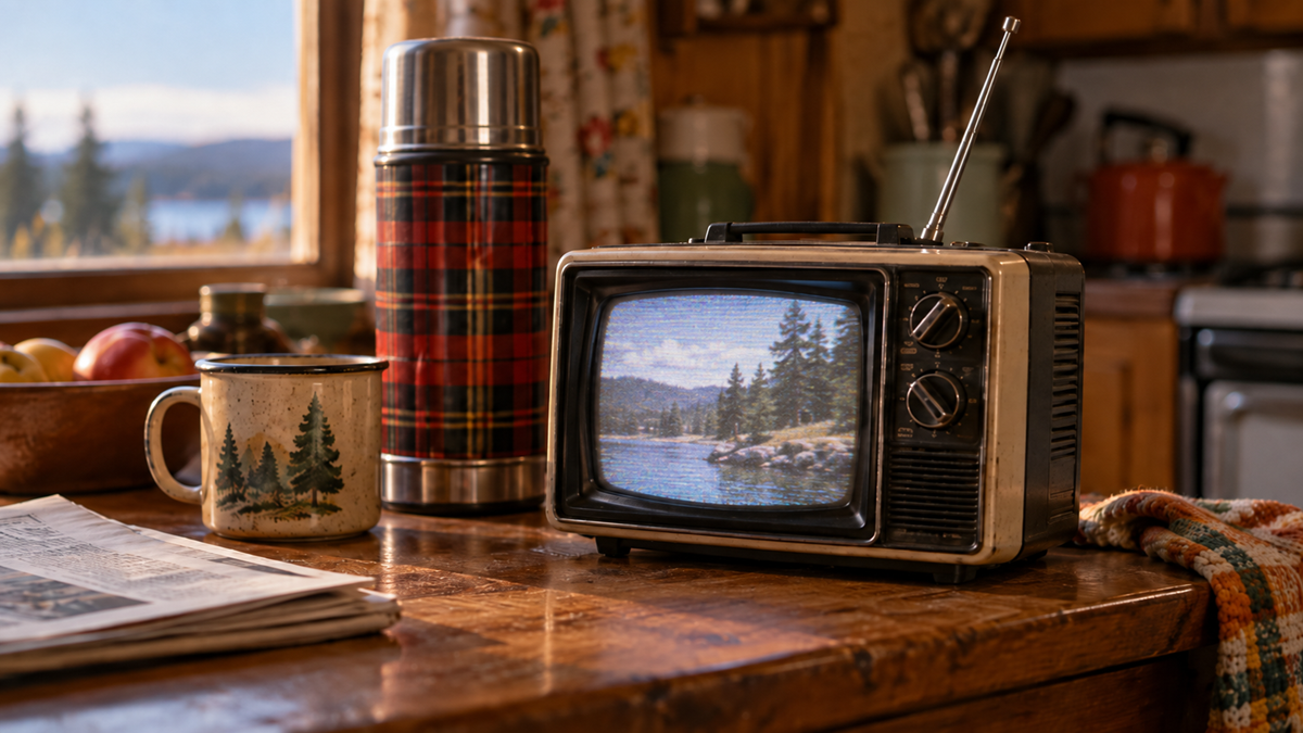 A vintage portable television displaying a landscape scene, sitting on a wooden table beside a plaid thermos and a mug decorated with pine trees.