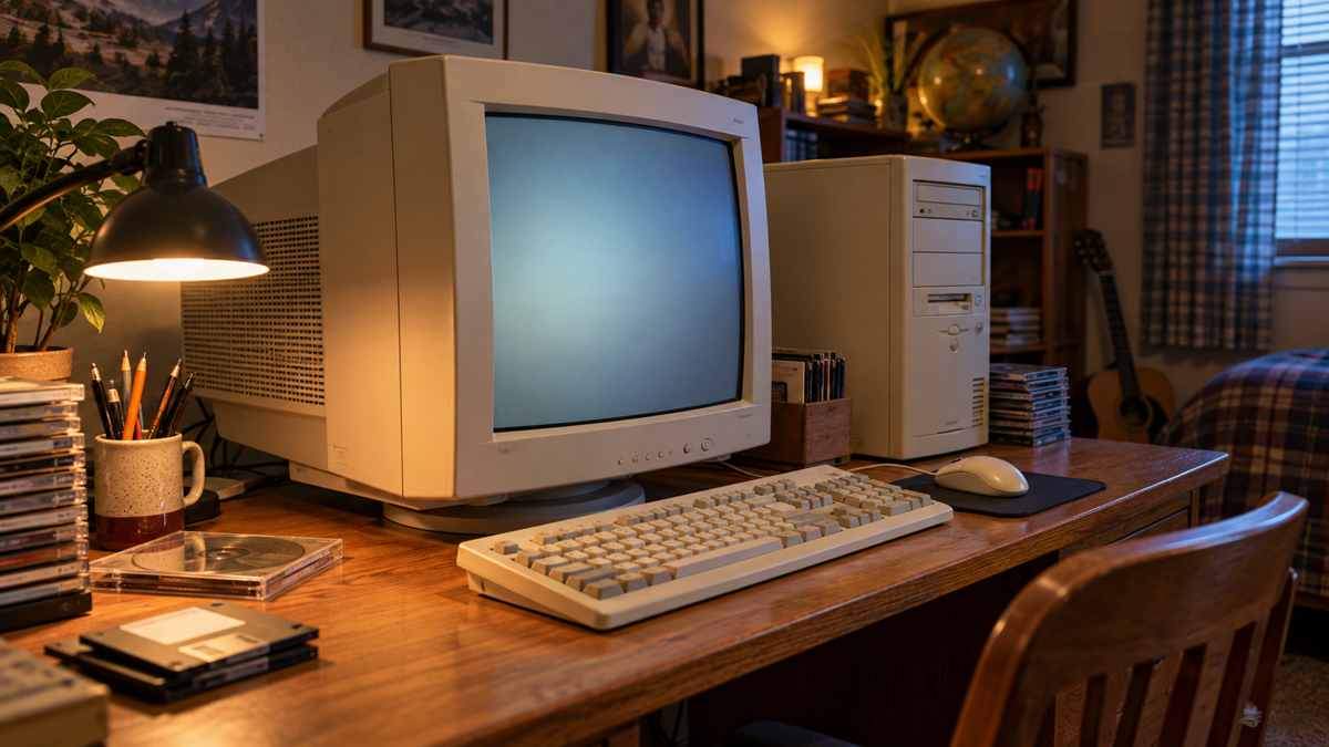 A beige 1990s-style desktop computer setup on a wooden desk, including a bulky CRT monitor, a mechanical keyboard, and a computer mouse.