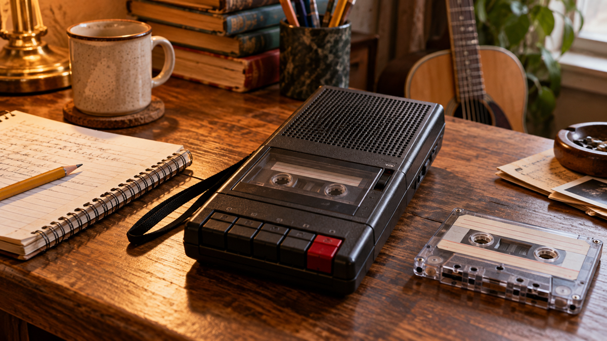 A black portable cassette recorder sits on a wooden desk next to a notebook, a coffee mug, and a spare cassette tape.