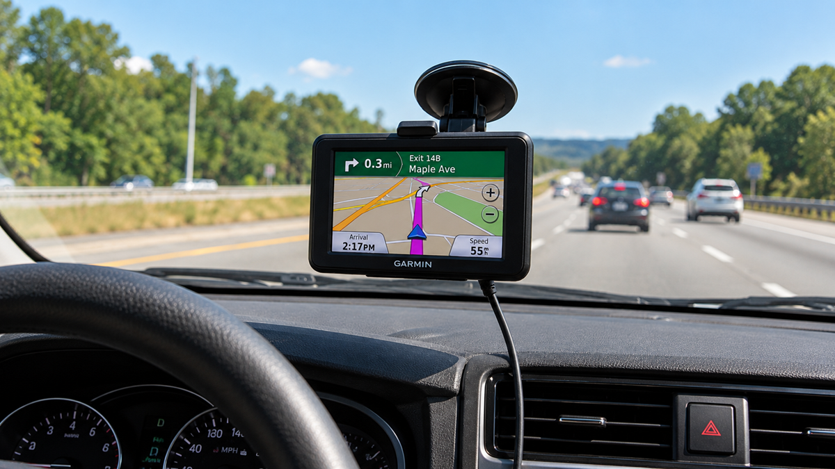 A Garmin GPS unit mounted to a car windshield displays navigation directions for Exit 14B on Maple Ave while driving on a highway.