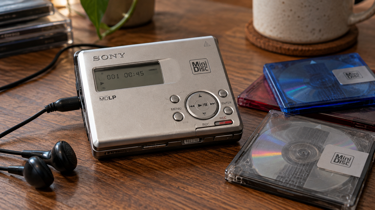 A silver Sony MiniDisc player with a playback display, accompanied by wired earphones and several MiniDisc cases on a wooden table.