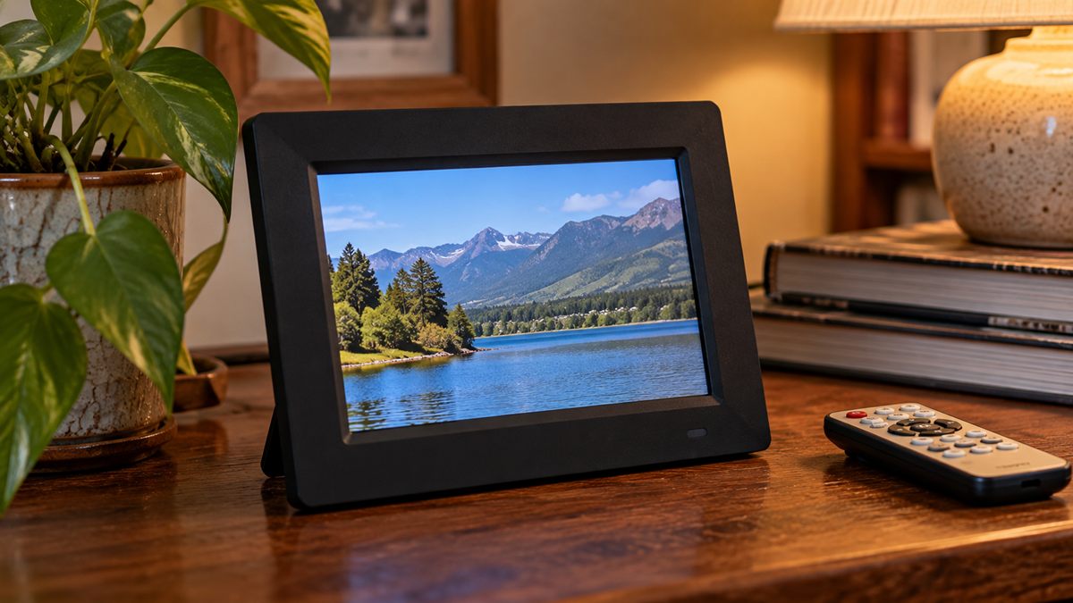 A black digital photo frame on a wooden desk displaying a mountain lake scene, next to a houseplant, a stack of books, and a small remote.