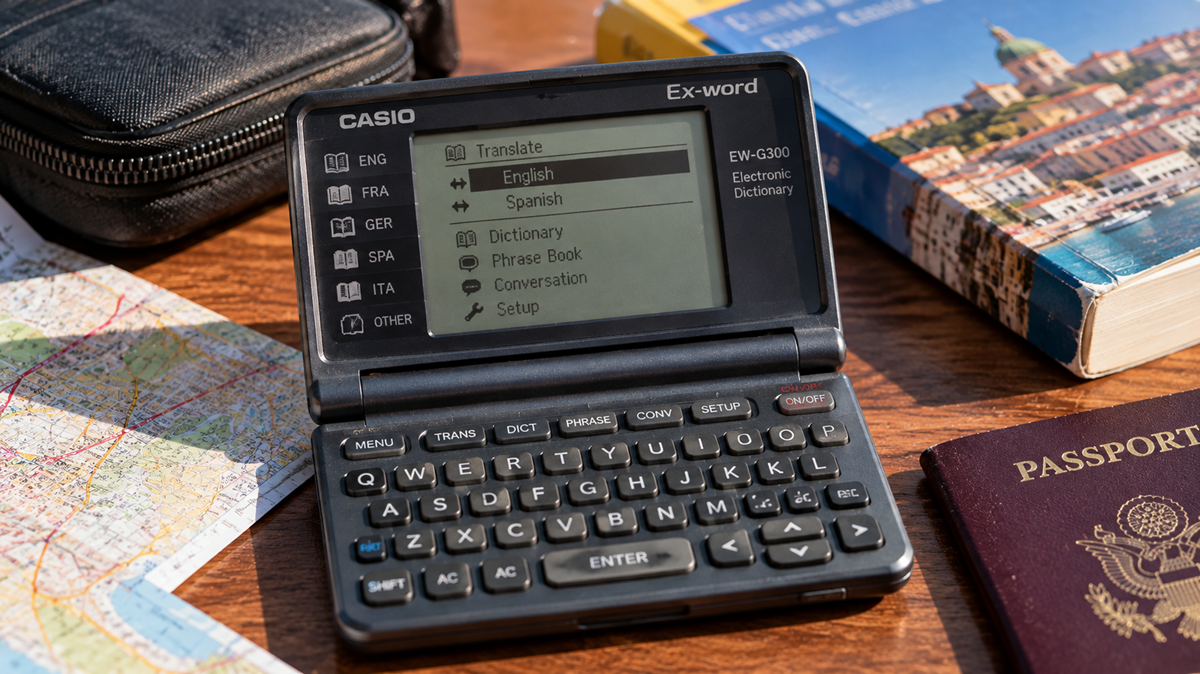 A Casio Ex-word electronic dictionary displaying a translation menu on a desk with a map, a travel guidebook, and a passport.