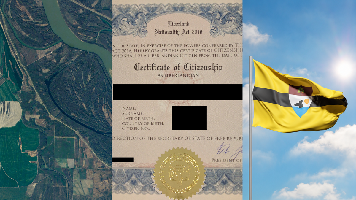 A collage with an aerial view of farmland, a citizenship certificate with text redacted, and a yellow flag featuring a black stripe, seal, and blue element, waving on a flagpole against a blue sky.
