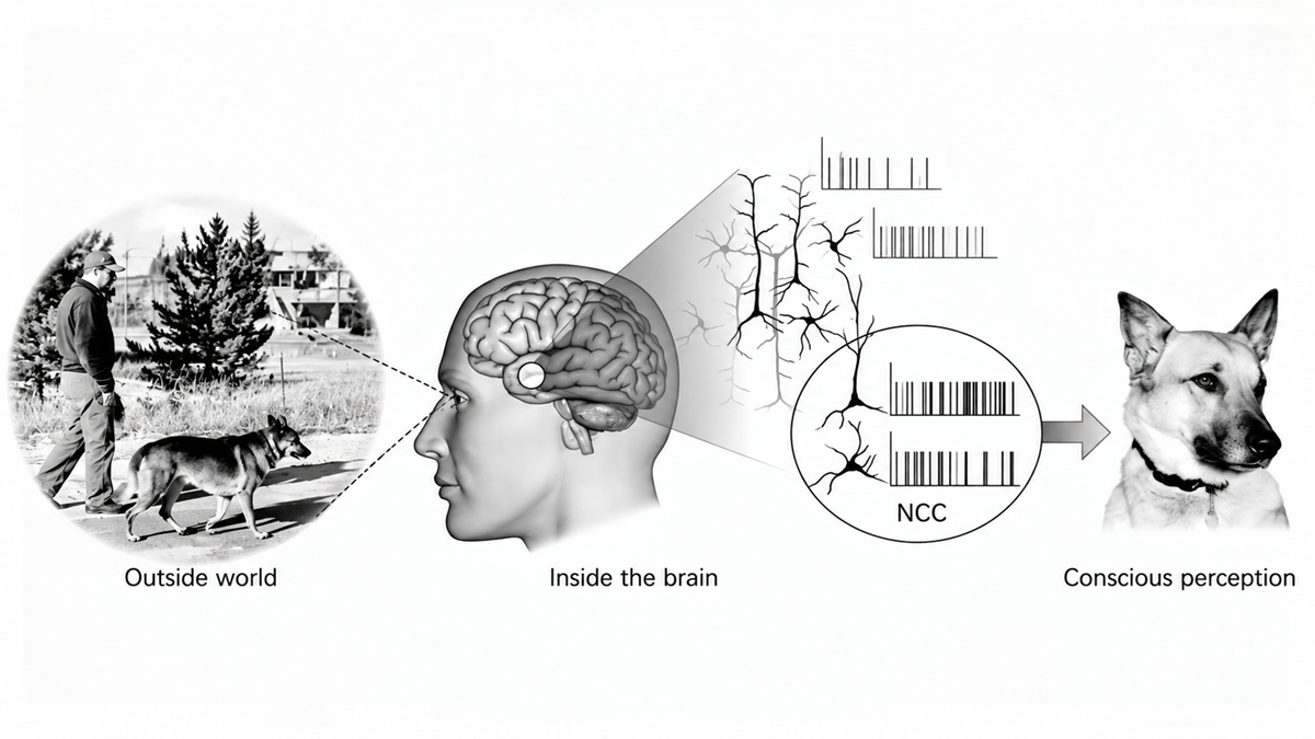 A diagram showing a person walking a dog, represented as neural activity in the brain, leading to a conscious perception of the dog.