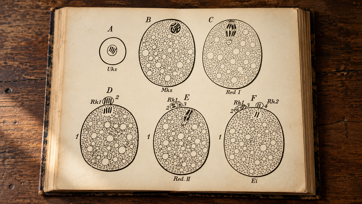 A page from a scientific book featuring six labeled diagrams showing the process of cell division.