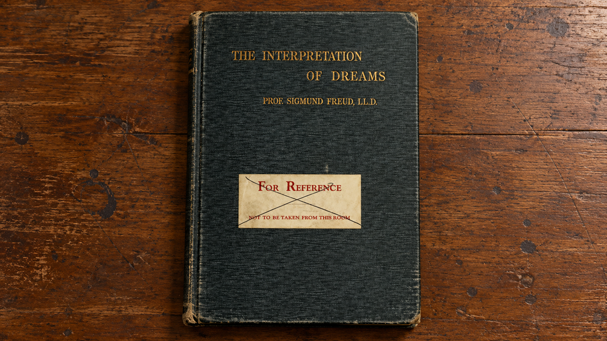 A copy of The Interpretation of Dreams by Sigmund Freud resting on a wooden surface, with a “For Reference” sticker on the cover.