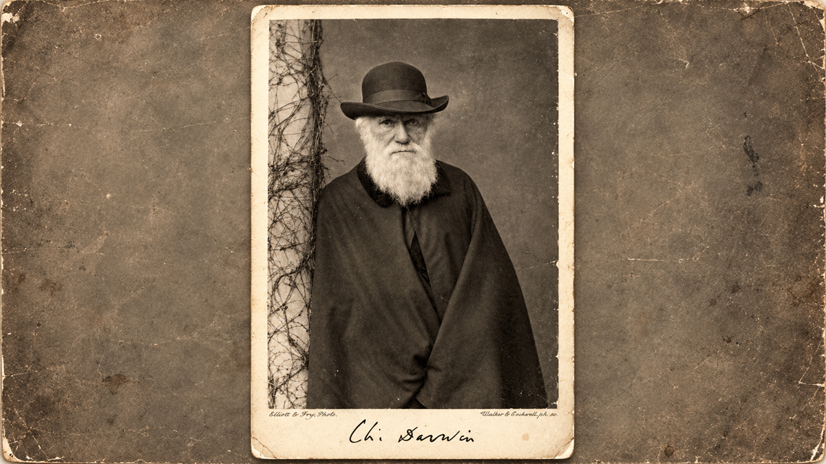 Science. A vintage sepia-toned portrait of Charles Darwin wearing a bowler hat and a cloak, with his signature printed at the bottom.