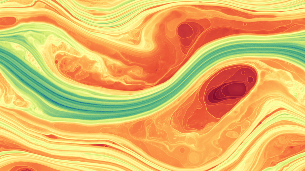 Abstract fluid art with flowing, marbled swirls of orange, yellow, and teal.