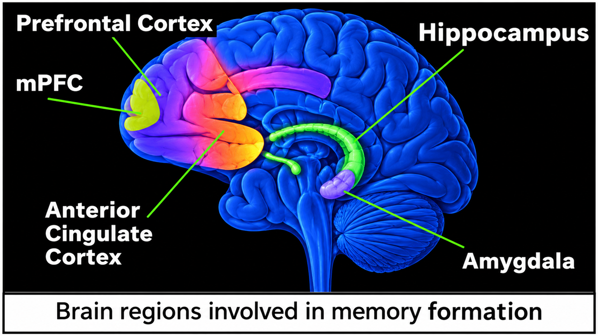 Diagram of a human brain identifying the prefrontal cortex, mPFC, anterior cingulate cortex, hippocampus, and amygdala as regions involved in memory formation.