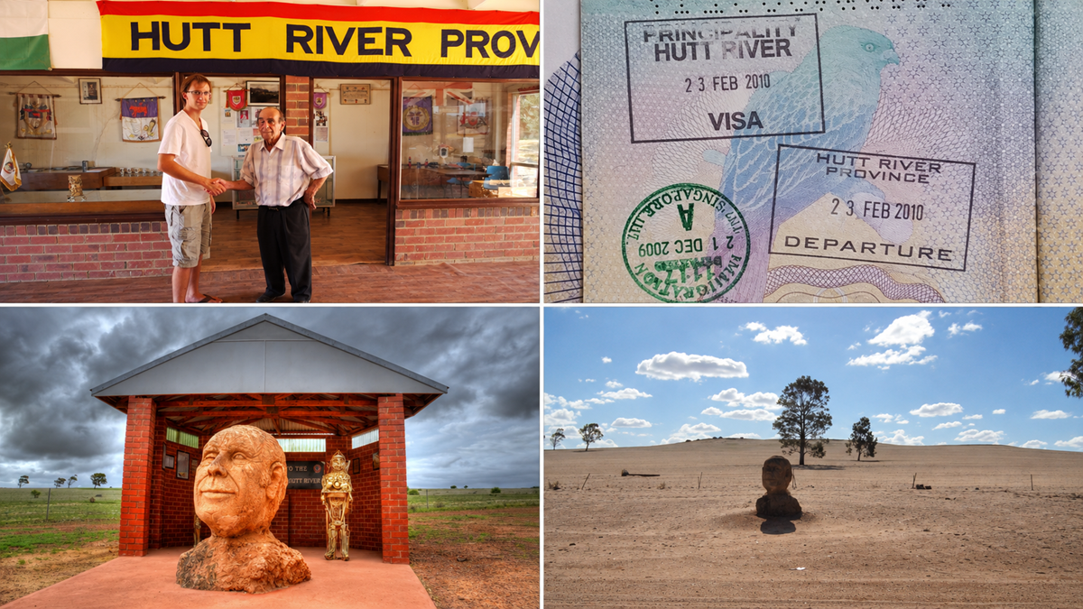 A collage shows people at Hutt River Province, a passport with Hutt River stamps, a bust statue in a shelter, and the same bust in a dry rural landscape under a blue sky with clouds.