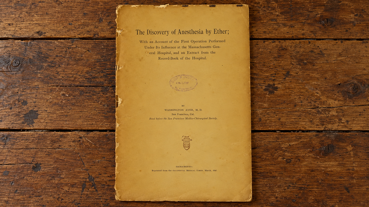 Title page of an 1896 medical pamphlet titled “The Discovery of Anesthesia by Ether” by Washington Ayer, M.D.