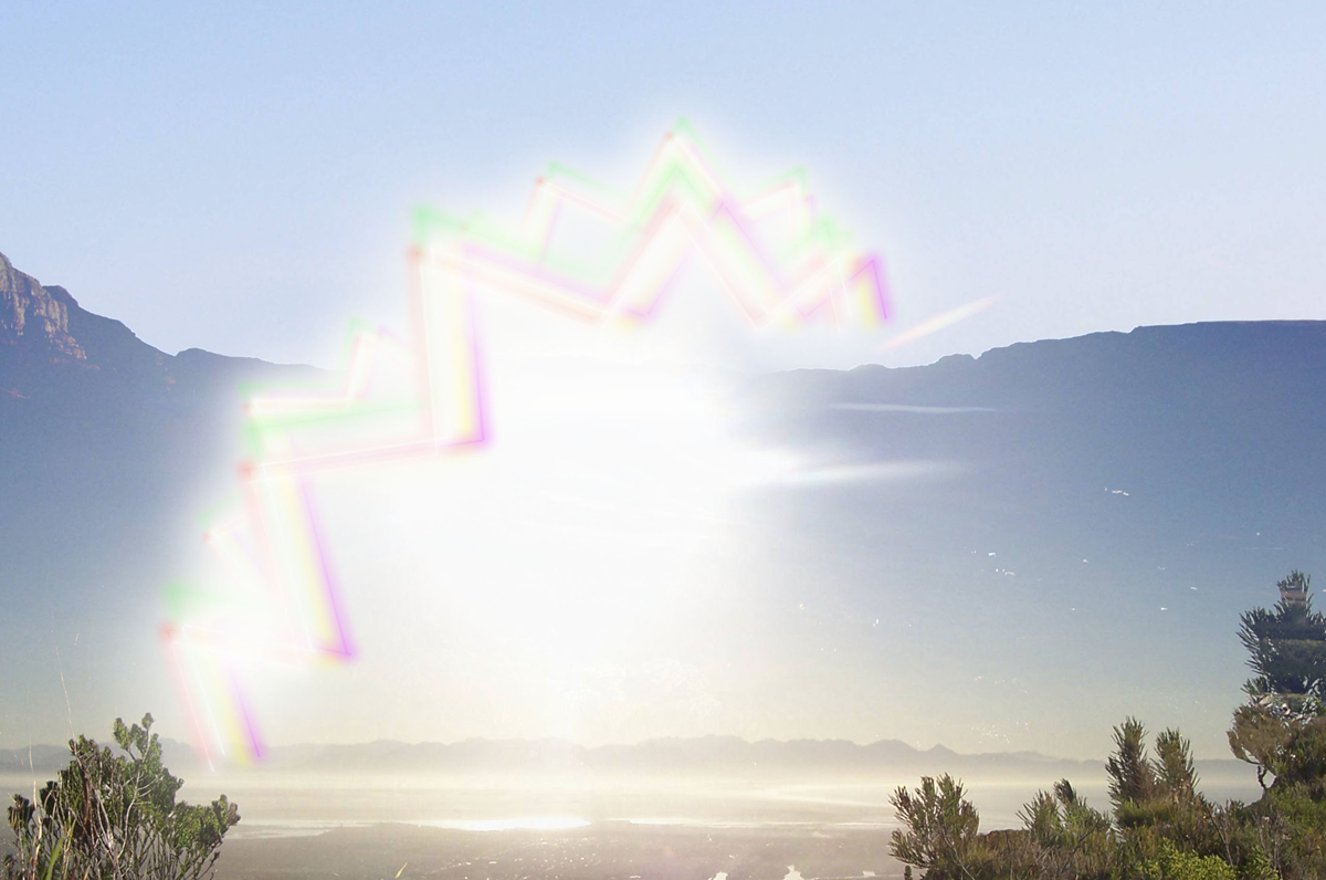 A glowing, neon-colored jagged arc floats in the sky above a mountain landscape.
