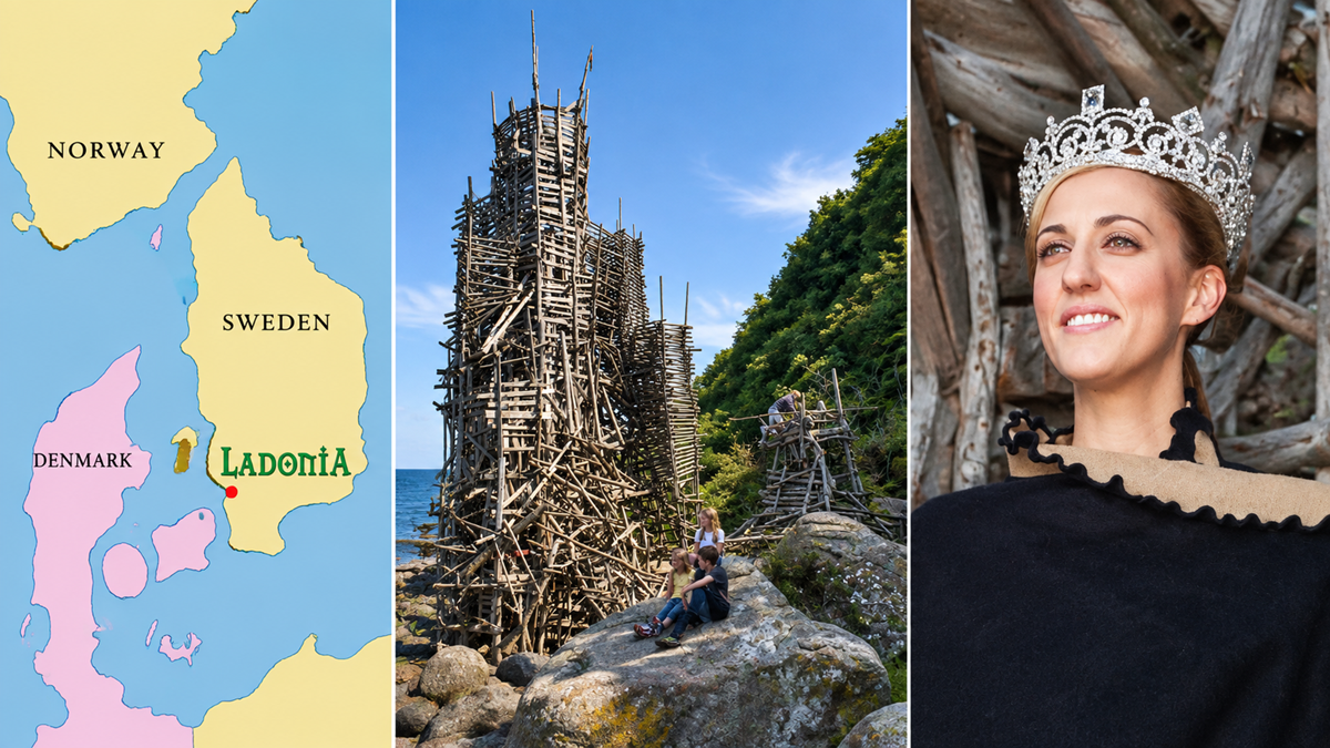 A map showing Ladonia near Sweden, a tall wooden structure with people, and a woman wearing a crown and dark cape, smiling outdoors.