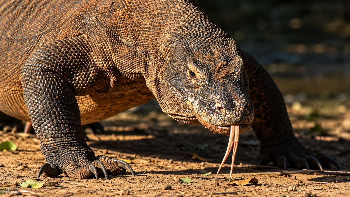 A Komodo dragon with textured, scaly skin and a forked tongue flicking out, walking across dry earth.