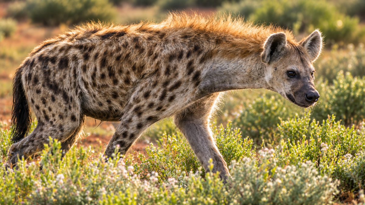 A spotted hyena walking through a field of low-lying vegetation.