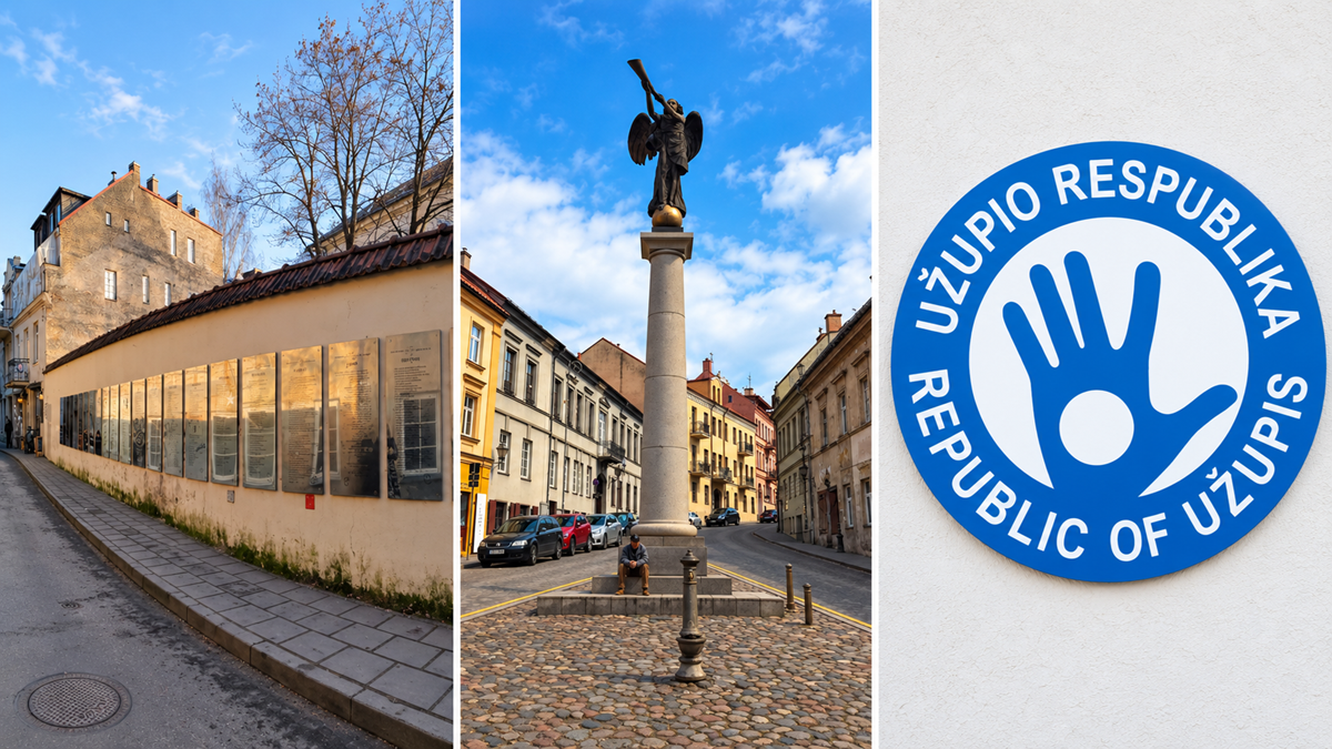 Three photos: a narrow street with art displays on a wall, a statue of an angel on a column in a cobblestone square, and a blue Užupis Republic sign with a hand symbol.