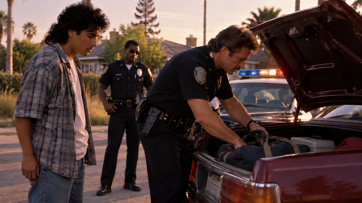 A police officer searches the trunk of a car while another officer stands nearby, as a man in a plaid shirt watches.